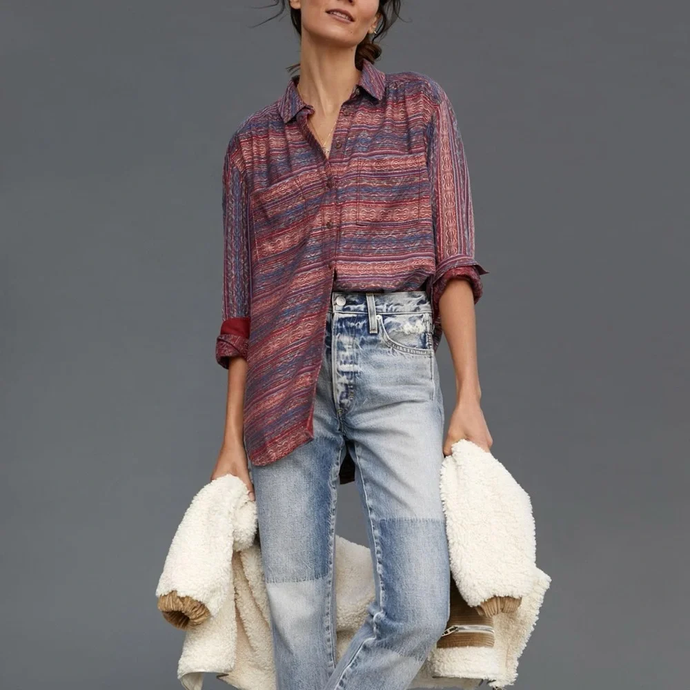 Pilcro Anthropologie Seamed Tunic Buttondown in Metallic Plum Small Wool Blend - Picture 3 of 10